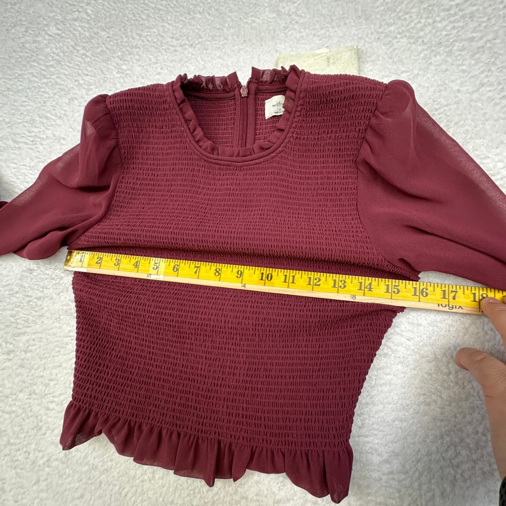 Wilfred Smocked Blouse Burgundy Long‎ Sleeve Sheer Puff Sleeve Women's S - Picture 2 of 13